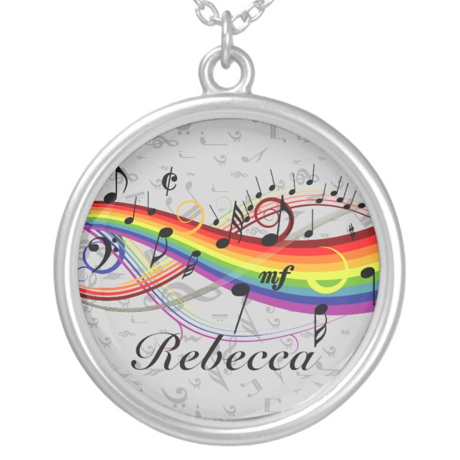 Rainbow Black Musical Notes on Gray Silver Plated Necklace (Front)