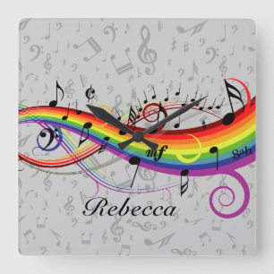 Rainbow Black Musical Notes on Gray Square Wall Clock