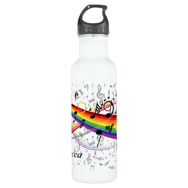 Rainbow Black Musical Notes on Gray Stainless Steel Water Bottle (Front)