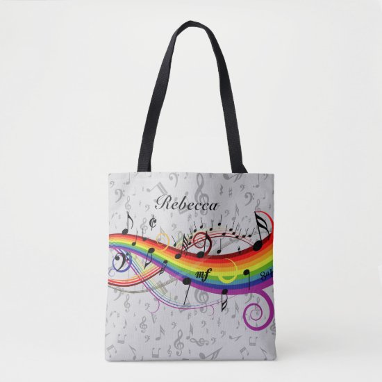 Rainbow Black Musical Notes on Gray Tote Bag