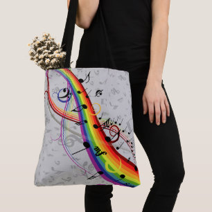 Rainbow Black Musical Notes on Gray Tote Bag
