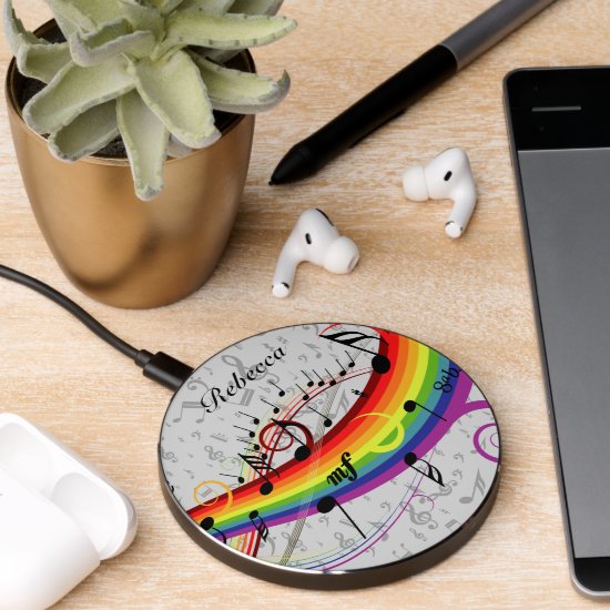 Rainbow Black Musical Notes on Gray Wireless Charger