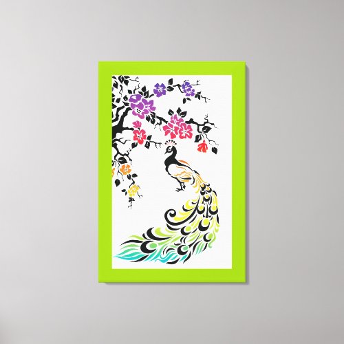 Rainbow black peacock and cherry blossoms canvas print