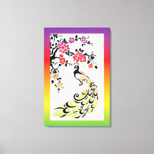 Rainbow, black peacock and cherry blossoms canvas print