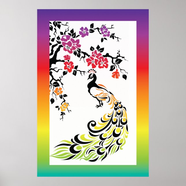 Rainbow, black peacock and cherry blossoms poster (Front)