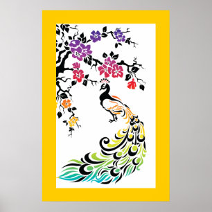 Rainbow, black peacock and cherry blossoms poster