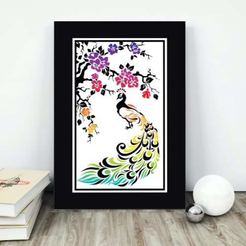 Rainbow black peacock and cherry blossoms poster