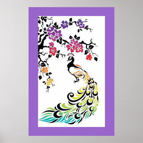Rainbow black peacock and cherry blossoms poster