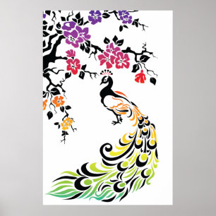 Rainbow, black peacock and cherry blossoms poster