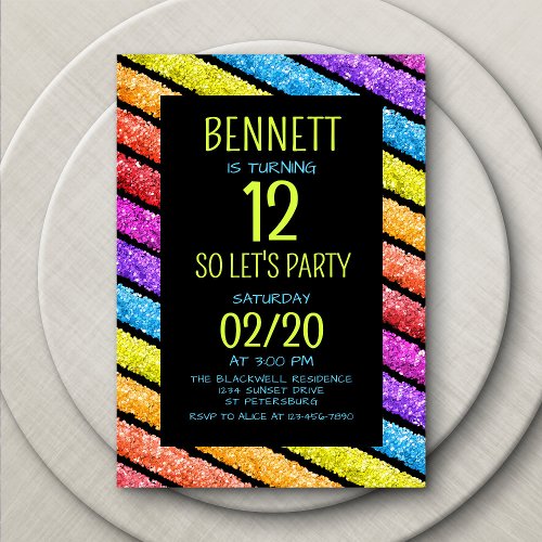 Rainbow Black Stripes Birthday Invitation