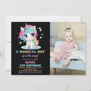 Rainbow Black Unicorn Birthday Invitations Photo