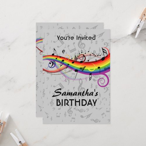 Rainbow Blck Music Notes  Birthday Party Personalized Invite