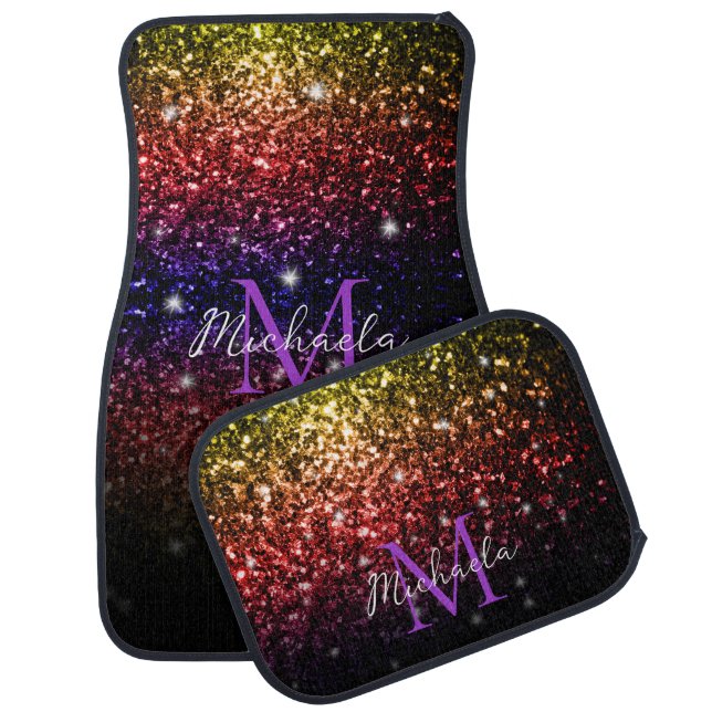Rainbow bling faux glitter sparkles Monogram Car Floor Mat (Set)