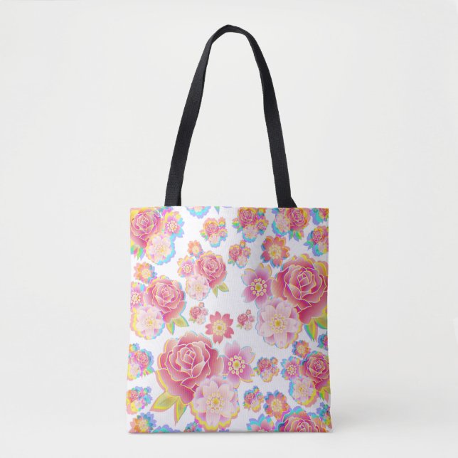 Rainbow Bloom Garden Vibrant Floral Fantasy Tote Bag (Front)