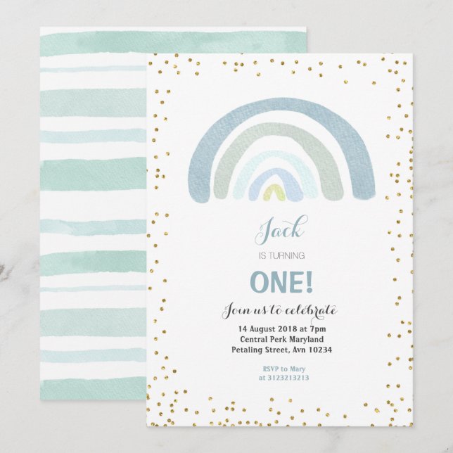 Rainbow Blue 1st Birthday Invitation Boy (Front/Back)