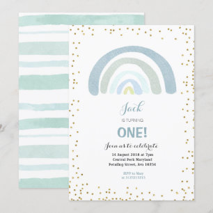 Rainbow Blue 1st Birthday Invitation Boy