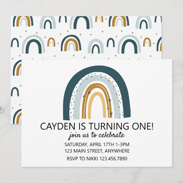 Rainbow Blue and brown boy birthday invite (Front/Back)