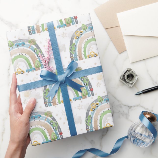 Rainbow Blue and Green With Cars Street Signs Boy Wrapping Paper (Gifting)