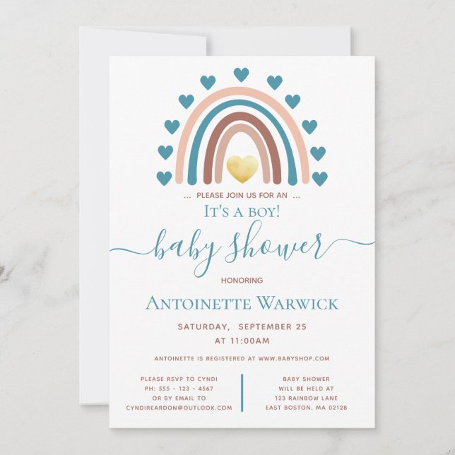 Rainbow Blue Boho Baby Shower Invitation (Front)