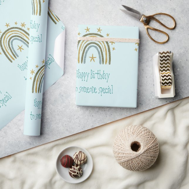 Rainbow Blue Gold Happy Birthday Someone Special Wrapping Paper (Crafts)