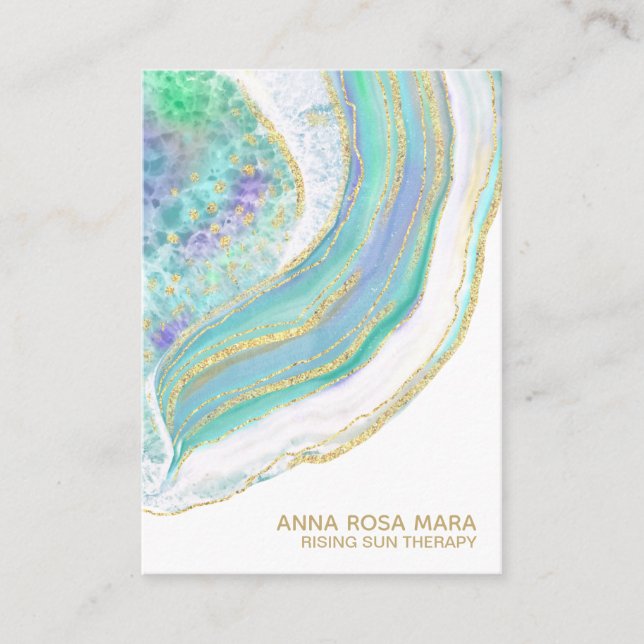 *~* Rainbow Blue  Mint   Agate Gold Glitter Pastel Business Card (Front)