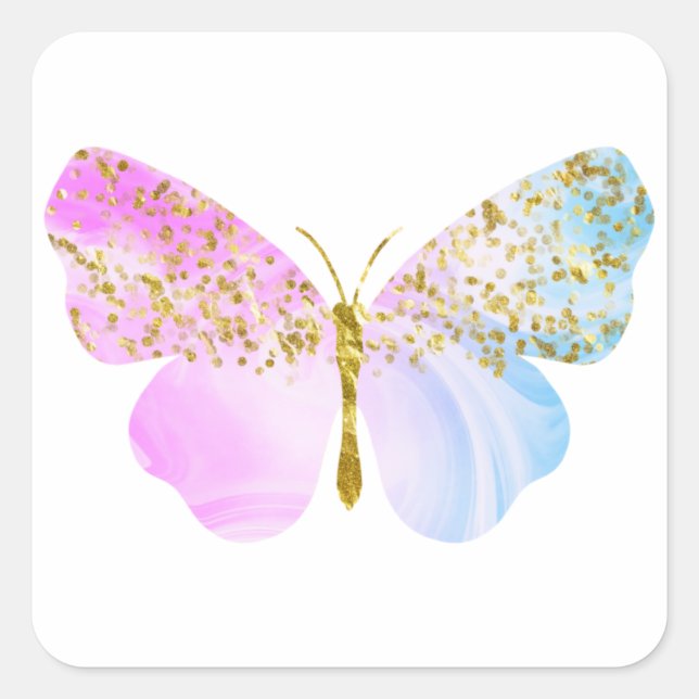 Rainbow blue violet with Gold Glitter Butterfly  Square Sticker (Front)