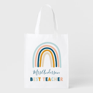 Rainbow blue yellow personalised best teacher grocery bag