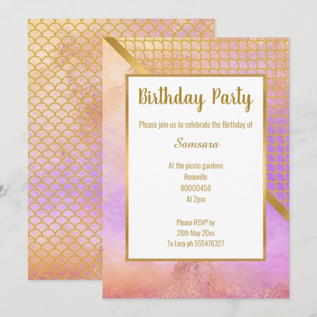 RAINBOW BLUR GOLD MERMAID SCALE BIRTHDAY  INVITATION (Front/Back)