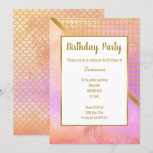 RAINBOW BLUR GOLD MERMAID SCALE BIRTHDAY  INVITATION