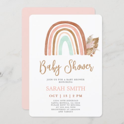 Rainbow Blush pink boho Baby Shower girl Invitation