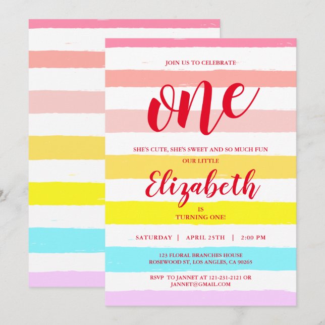 Rainbow Blush Stripes Watercolor Surprise Birthday Invitation (Front/Back)