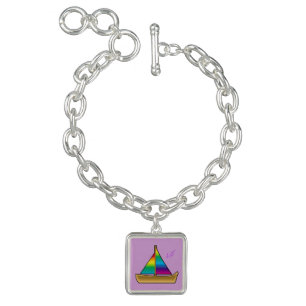 Rainbow Boat Silver Plated Square Charm Bracelet