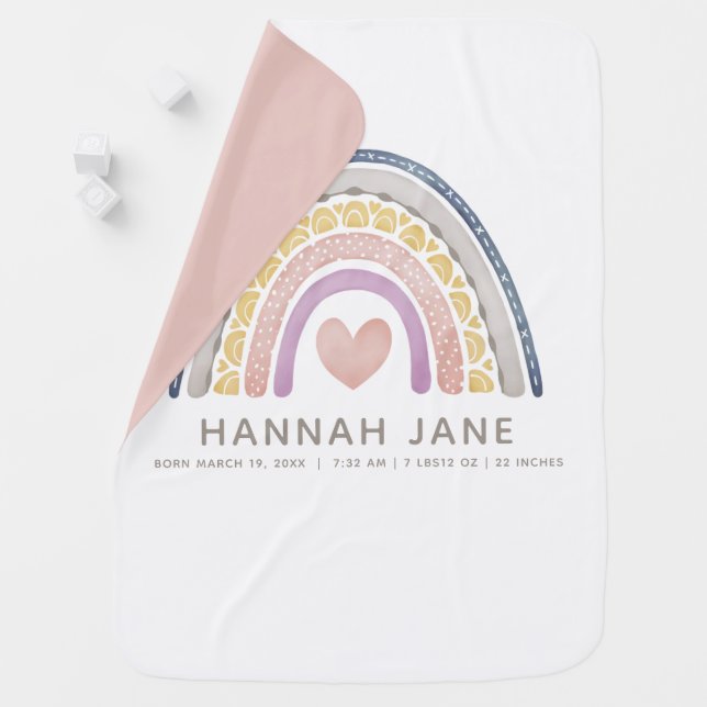 Rainbow Boho Birth Stats Girl Baby Blanket (In Situ)