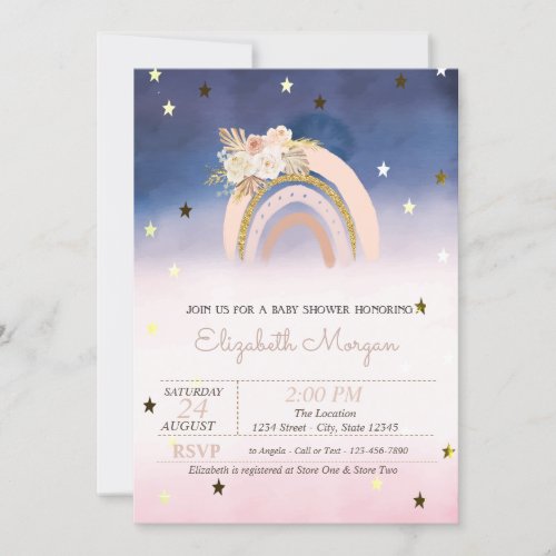 Rainbow Boho Flowers Stars Ombre Baby Shower Invitation