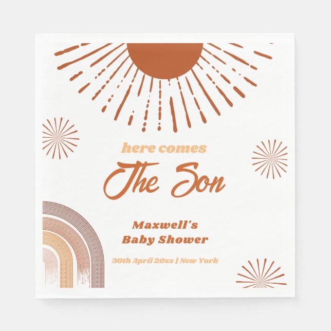 Rainbow Boho Here Comes The Son Baby Shower  Napkins (Front)