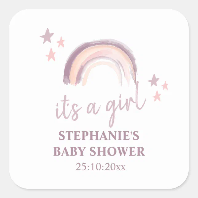 Rainbow Boho It's a Girl Baby Shower Square Stic Square Sticker | Zazzle