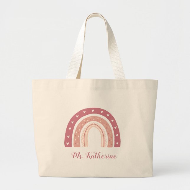 Rainbow Boho Pastel Pink Gift Large Tote Bag (Front)