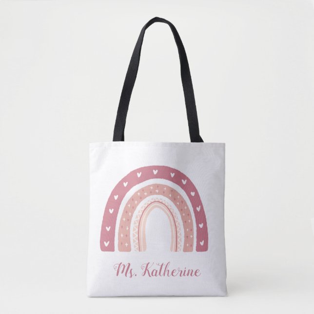 Rainbow Boho Pastel Pink Teacher’s Gift Tote Bag (Front)