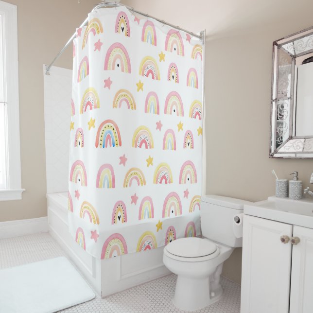 Rainbow Boho Pink Repeat Pattern Girly Shower Curtain (In Situ)