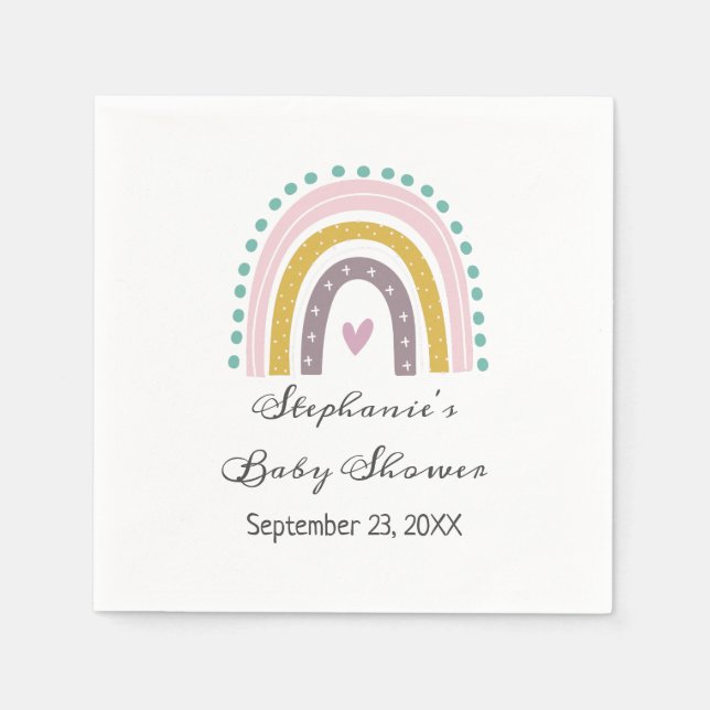 Rainbow, Boho, Pink, Teal, Hearts, Baby Shower Napkins (Front)