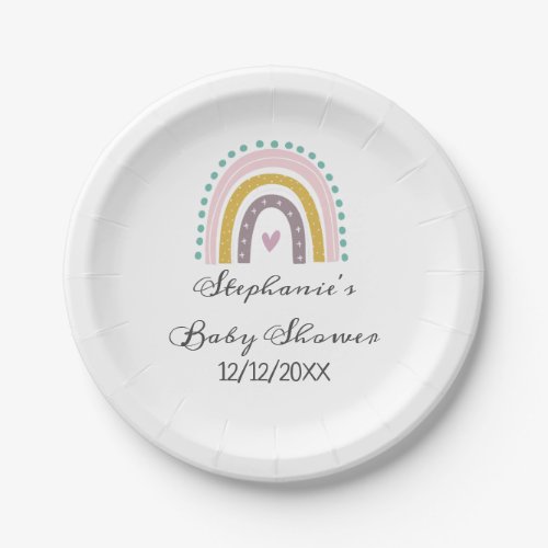 Rainbow Boho Pink Teal Hearts Baby Shower  Paper Plates
