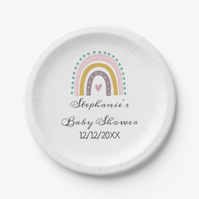 Rainbow, Boho, Pink, Teal, Hearts, Baby Shower  Paper Plates (Front)