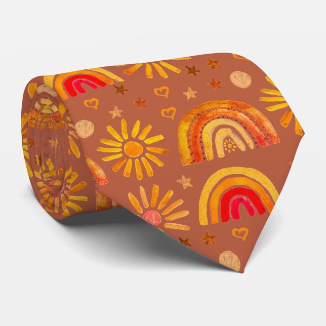 Rainbow Boho Terracotta Autumn Sun Heart Neck Tie (Rolled)