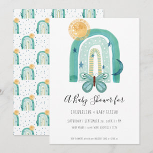 Rainbow Boho Watercolor Modern Teal Blue Sun Moon Invitation