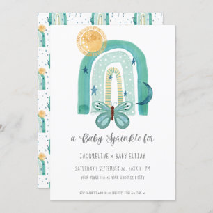 Rainbow Boho Watercolor Modern Teal Blue Sun Moon Invitation
