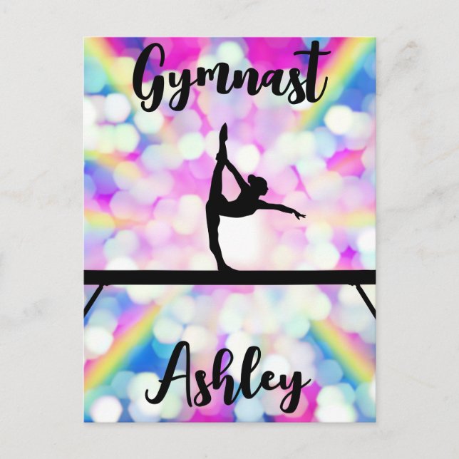Rainbow Bokeh Blast Gymnastics Beam Personalized   Postcard (Front)