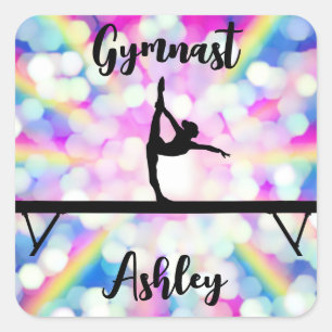 Rainbow Bokeh Blast Gymnastics Beam Personalized Square Sticker