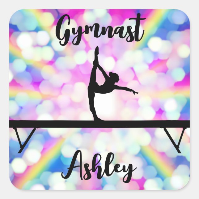 Rainbow Bokeh Blast Gymnastics Beam Personalized   Square Sticker (Front)