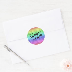 Rainbow Bokeh Cute Colorful Name Classic Round Sticker