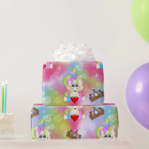 Rainbow Bokeh Unicorns and Crowns Wrapping Paper